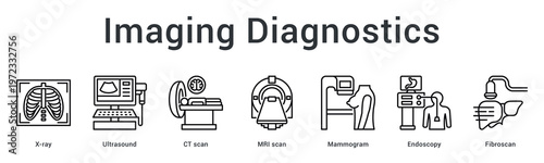 Imaging diagnostics banner web icon utilizes advanced scanning technologies for internal body visualization and detection.