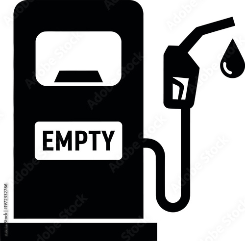 Empty gas station pump icon with nozzle dripping single drop of fuel isolated against transparent background.