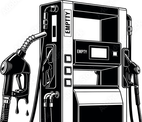 Empty gas station pump with multiple nozzles showing "empty" sign isolated against transparent background.