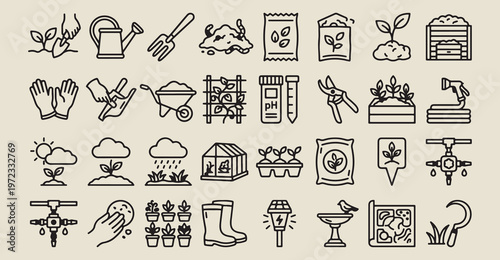gardening equipment icon set, soil testing lab icons, horticulture science line art, professional gardening tools vector, plant growth experiment set, agricultural research symbols art, botanical stud