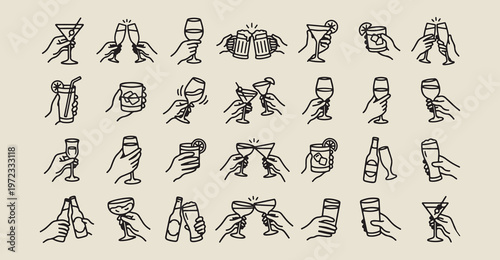 bar drinks social nightlife, cocktail party line art, restaurant beverage symbols, celebration toast graphics, hospitality service elements, pub culture illustrations, alcoholic drink icons
