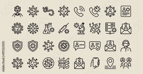 laboratory science biology icons, medical research line art, chemical test symbols, microbiology graphics, biotechnology elements, scientific study illustrations, pharmaceutical drug icons
