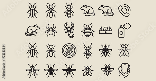 insect pest control icons, creepy crawler line art, exterminator service symbols, garden bug graphics, spider and ant elements, pest management illustrations, chemical treatment icons
Tags: insect, pe