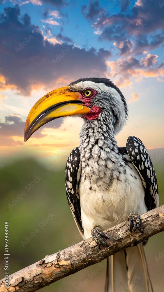 Obraz premium A vibrant portrait of a Southern Yellow-billed Hornbill perched on a branch, its striking beak and eye colors against a sunset sky