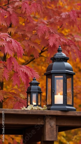 Lanterns on deck with tree leaves in fall colors