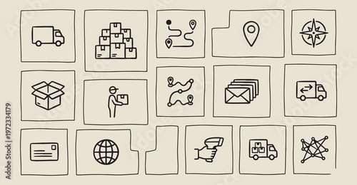 logistics delivery route icons, creative shipping service illustration, hand drawn cargo tracking graphics, decorative supply chain elements, sketchy parcel box symbols, organic transport network line