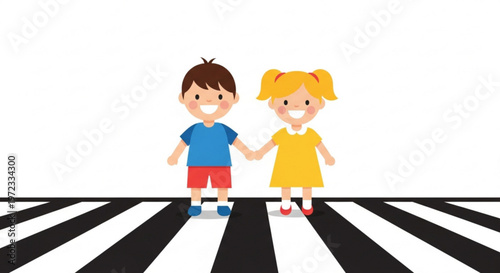Cute little boy and girl holding hands crossing the road on zebra cross, kids traffic safety concept, flat vector illustration.
