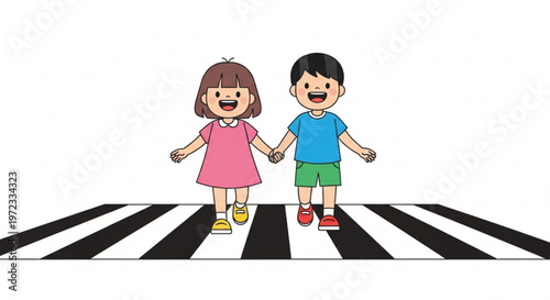 Happy kids walking on pedestrian crossing, school children road safety concept, brother and sister holding hands together, isolated vector