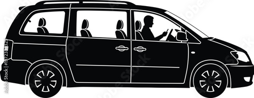 Car silhouette side view family vehicle driver passengers transport minivan automobile isolated vector illustration travel transportation concept modern car