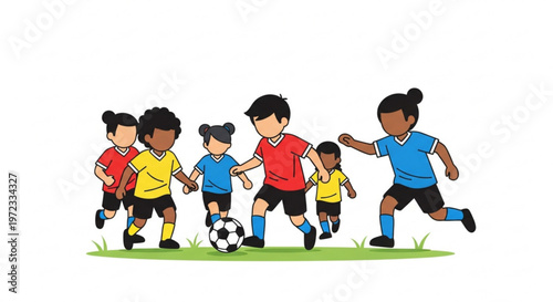 Diverse group of children playing soccer on green grass, multicultural kids playing football together, active childhood and sports concept.