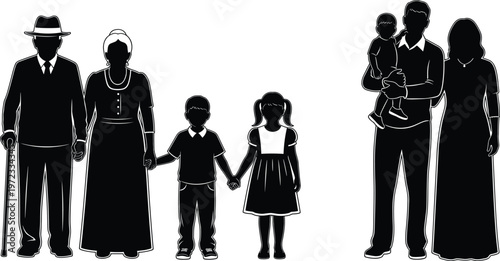 Family silhouettes set with parents, children, and grandparents, happy people collection, black vector illustration isolated for social and lifestyle design