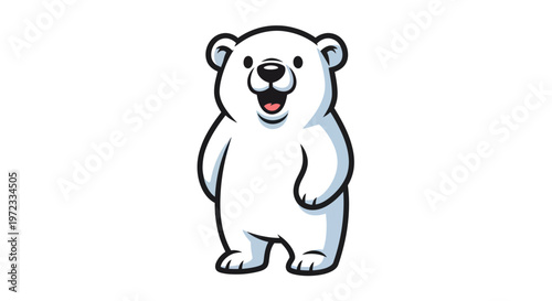 Cute cartoon polar bear standing on white background, happy expression