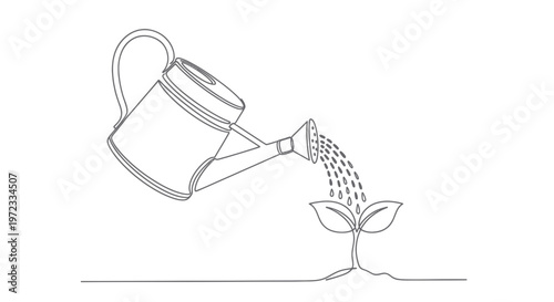 Continuous line drawing of watering can nurturing a growing plant sprout