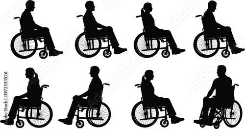 Wheelchair user silhouettes set, people with disabilities in different poses, accessibility and healthcare concept, vector illustration isolated for inclusive design