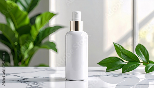 White Cosmetic Spray Bottle Mockup on Marble Table with Green Plant Background