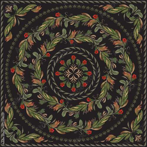 Vector floral seamless border patterns from hand painted red flowers on a black background. 4 pattern brushes in the brush palette