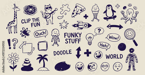 funky music space doodle art, creative cosmic travel illustration, hand drawn pizza rocket graphics, quirky character animation symbols, decorative pop culture elements, sketchy cartoon lifestyle back