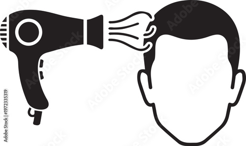 Black and white of a hair dryer blowing air onto a human head, silhouette of a person drying hair with a handheld blow dryer appliance, grooming and styling symbol