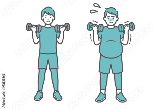 ダンベルトレーニングをする標準体型の男性とぽっちゃり男性の比較セットイラスト