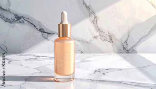 Luxury Gold Dropper Bottle Serum Mockup on Premium White Marble Background