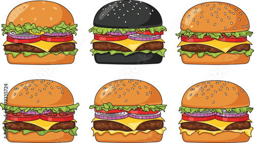 Cheeseburger Collection with Different Burger Variations Including Black Bun, Double Patty, Lettuce, Tomato, and Cheese for Fast Food Menu Design