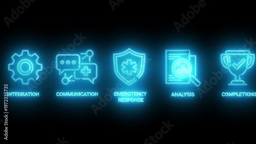 Neon-lit icons representing business concepts on a dark background with blue glow.