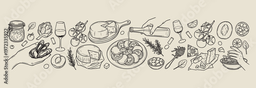 gourmet cooking food preparation, hand drawn chef recipe illustration, creative kitchen dining graphics, decorative restaurant meal elements, sketchy wine and platter symbols, organic healthy cuisine 