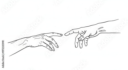 Line art illustration of two hands reaching out, fingers almost touching, reminiscent of The Creation of Adam.