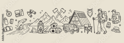 adventure camping outdoor travel, mountain hiking nature illustration, hand drawn offroad car graphics, creative wood cabin elements, decorative forest exploration symbols, sketchy campfire and tool a