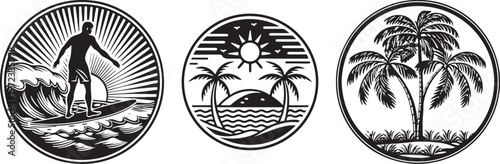 Three vintage surfboard designs sun pyramid and palm tree motifs in black and white