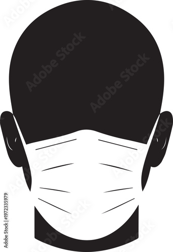 Black and white silhouette of a human head facing forward, wearing a medical face mask with visible pleat lines, minimalist style