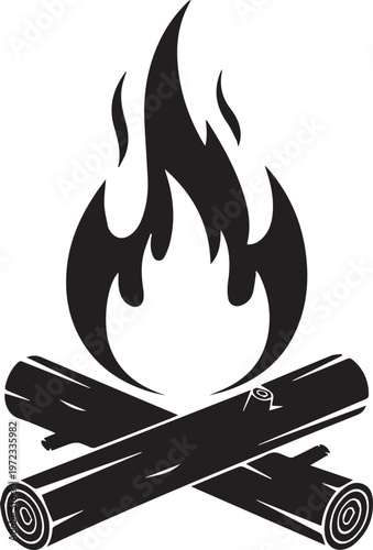 Black and white of a stylized campfire with two crossed logs and rising flames, isolated on a white background