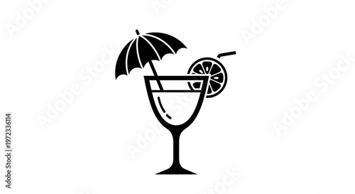 Refreshing Cocktail Drink with Umbrella and Lemon Slice Icon.