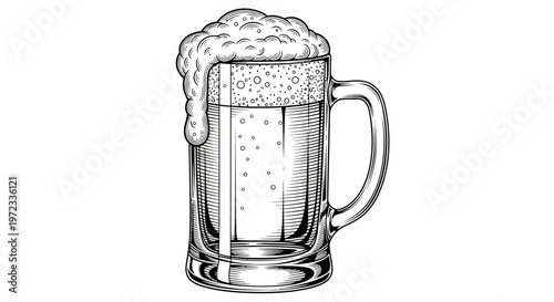 Detailed illustration of a refreshing beer mug with overflowing foam.