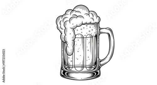 Hand drawn sketch illustration of a classic beer mug with overflowing foam.