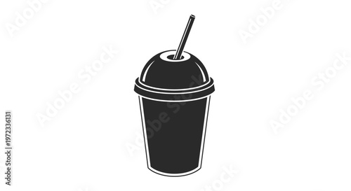 Black and white illustration of a disposable cup with a straw.