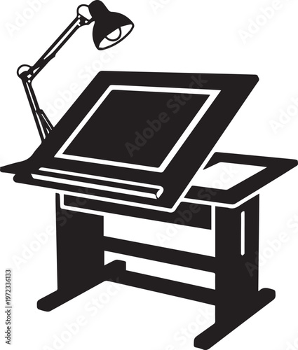 Black and white of an adjustable drafting table with a tilted board and an attached articulated desk lamp, isolated on a white background