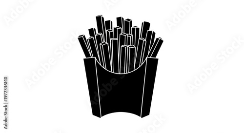 Simple black silhouette icon of french fries in a container.
