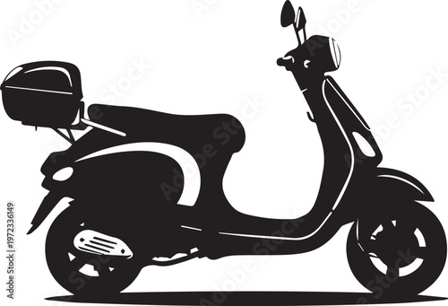 Black and white silhouette of a classic motor scooter with a rear storage box, side profile view of a vintage-style moped, isolated on a white background