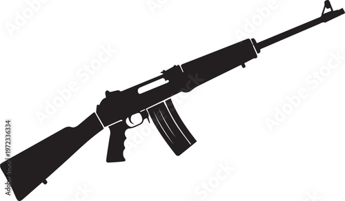 Solid black silhouette of a semi-automatic rifle with a detachable magazine, isolated on a plain white background, side profile view of a tactical firearm