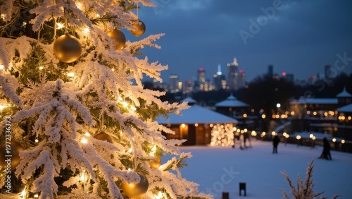 Decorated pine tree at night with city lights in the distance.