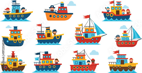 Flat vector illustration set of cute pirate ships and colorful boats with cartoon characters sailing on blue ocean waves for children nursery and nautical design