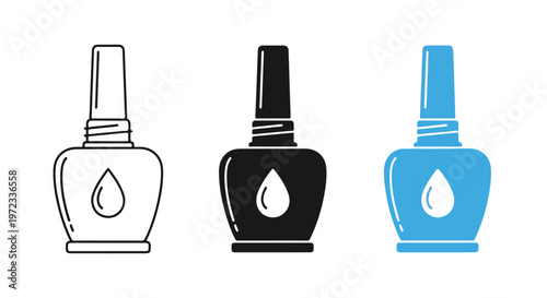 Set of three stylized nail polish bottles in outline, black, and blue colors with droplet icon