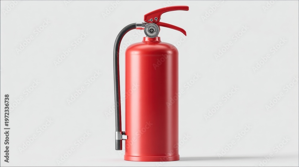 Fototapeta premium A hyperrealistic fire extinguisher icon features a bright red cylinder and nozzle on a clear white background.