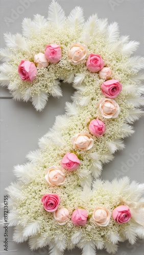 The image displays a creative arrangement of flowers and foliage designed to represent the number two in Arabic script. The bouquet is made up of roses, possibly with some other white flowers