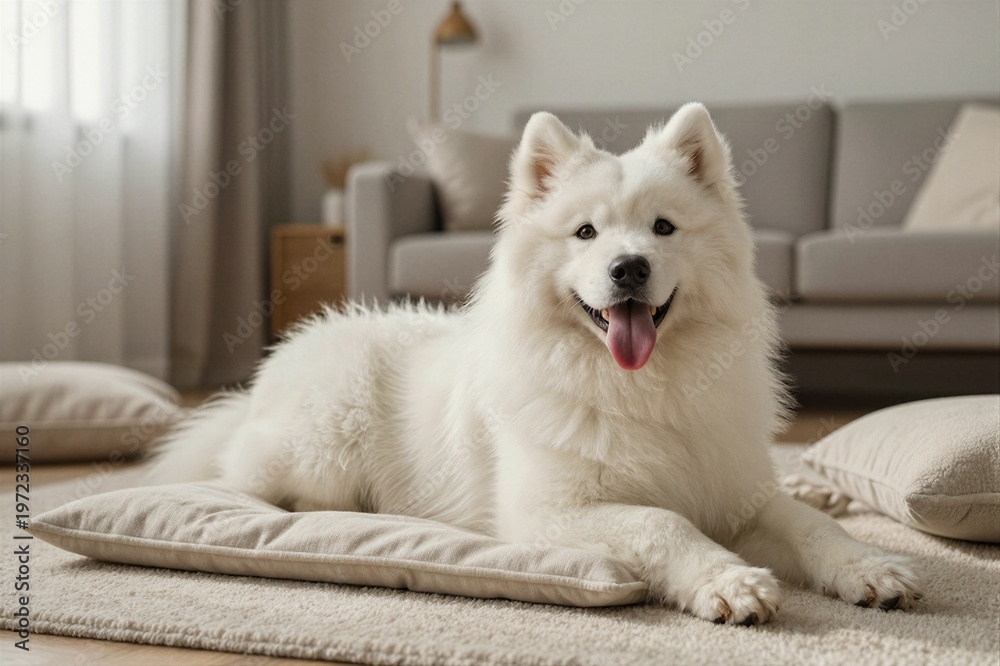 Fototapeta premium A serene white Samoyed relaxes on a plush cushion amidst the sleek, modern lines of a neutral-toned living room.