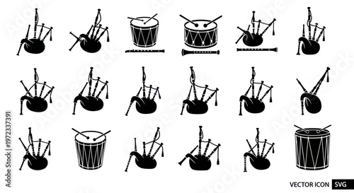 Bagpipes and Drums Silhouette Icons - Scottish Traditional Music Instruments