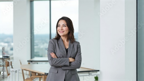 Happy female executive with her arms crossed, wearing a business suit and standing in front of cityscape.