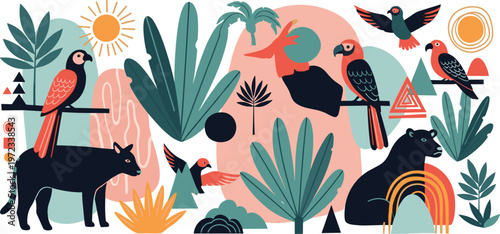 Flat vector illustration set of tropical jungle animals including parrots panthers and toucans with exotic palm leaves and sun for nature conservation and travel design concepts