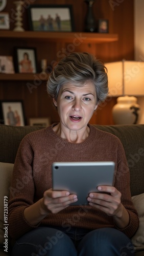 Middle aged woman on couch looking at tablet with surprised expression.